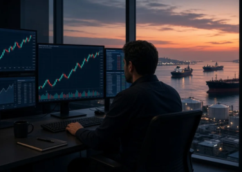 Energy trader at multi-monitor oil charts overlooking tankers and storage tanks at dusk, as WTI and Brent settle above $100.