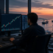 Energy trader at multi-monitor oil charts overlooking tankers and storage tanks at dusk, as WTI and Brent settle above $100.