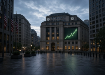 Empty New York financial plaza before dawn with a green rising futures chart and clocks, capturing Wall Street futures recovery into the August CPI release window.