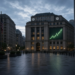 Empty New York financial plaza before dawn with a green rising futures chart and clocks, capturing Wall Street futures recovery into the August CPI release window.