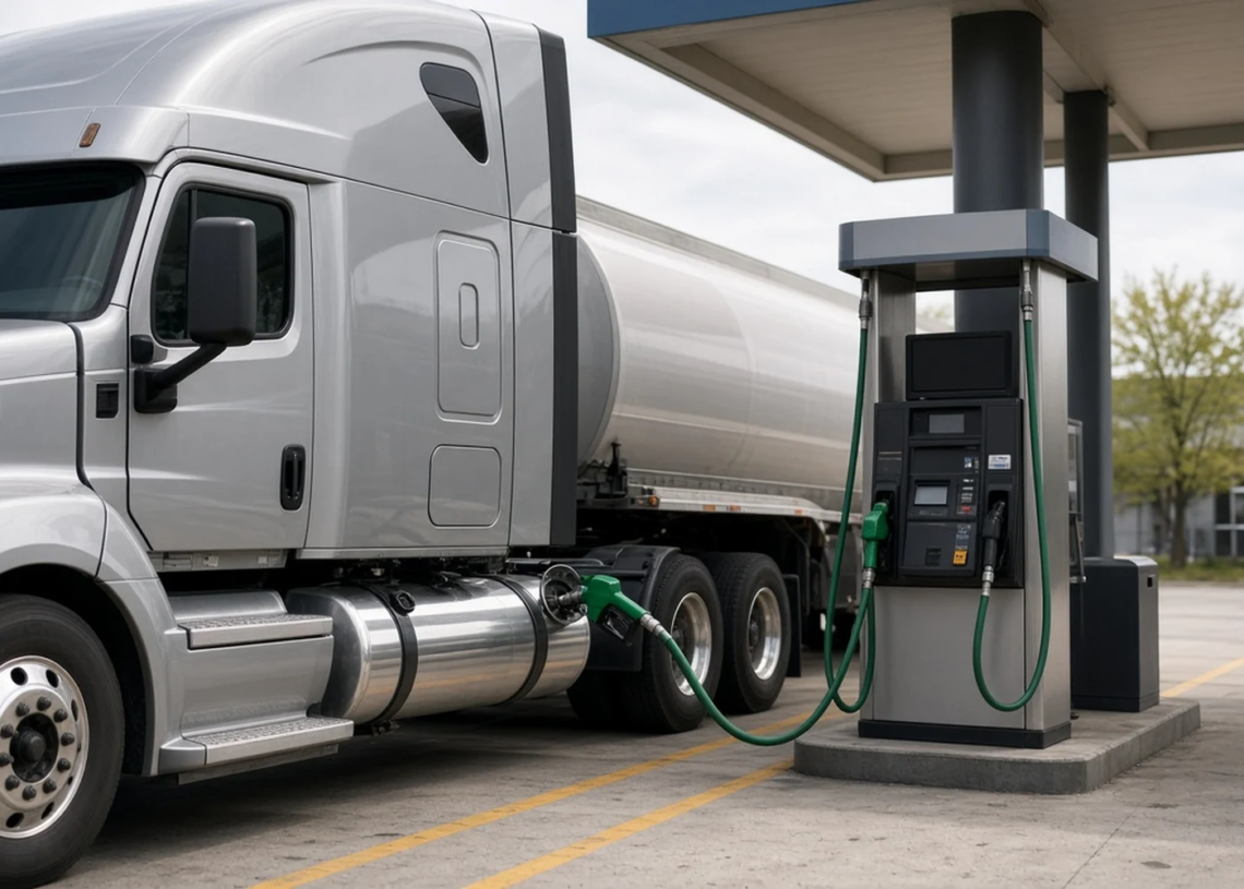 Photoreal modern fleet tractor-trailer fueling at a clean diesel island with the nozzle in the chassis saddle tank, illustrating U.S. diesel topping $6 a gallon.