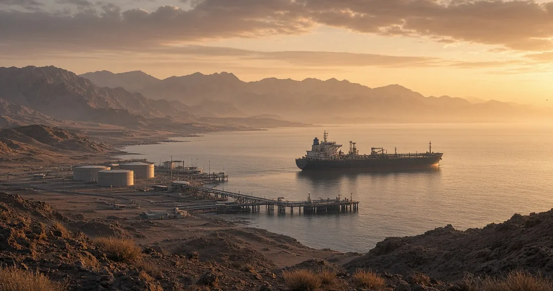 Tanker beside a coastal energy terminal under desert mountains at golden hour, illustrating southern Saudi energy and Red Sea export-route risk.