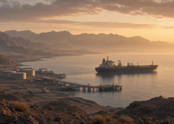 Tanker beside a coastal energy terminal under desert mountains at golden hour, illustrating southern Saudi energy and Red Sea export-route risk.