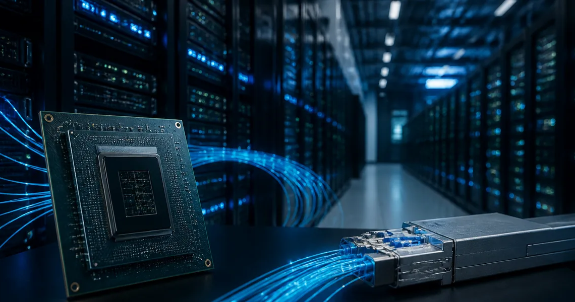 AI data-center aisle with semiconductor and optical-connectivity components in the foreground, suggesting chip collaboration without deal-value claims.