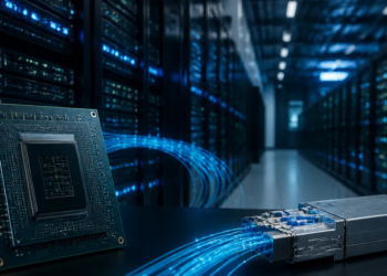 AI data-center aisle with semiconductor and optical-connectivity components in the foreground, suggesting chip collaboration without deal-value claims.