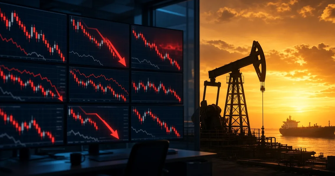 Split editorial scene: trading monitors with falling red equity charts beside an oil pump jack and tanker under amber sunrise, conveying global stock weakness as oil near $100 feeds inflation-path fears.