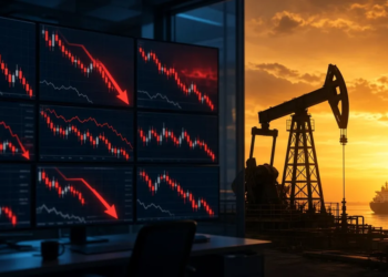 Split editorial scene: trading monitors with falling red equity charts beside an oil pump jack and tanker under amber sunrise, conveying global stock weakness as oil near $100 feeds inflation-path fears.