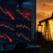 Split editorial scene: trading monitors with falling red equity charts beside an oil pump jack and tanker under amber sunrise, conveying global stock weakness as oil near $100 feeds inflation-path fears.