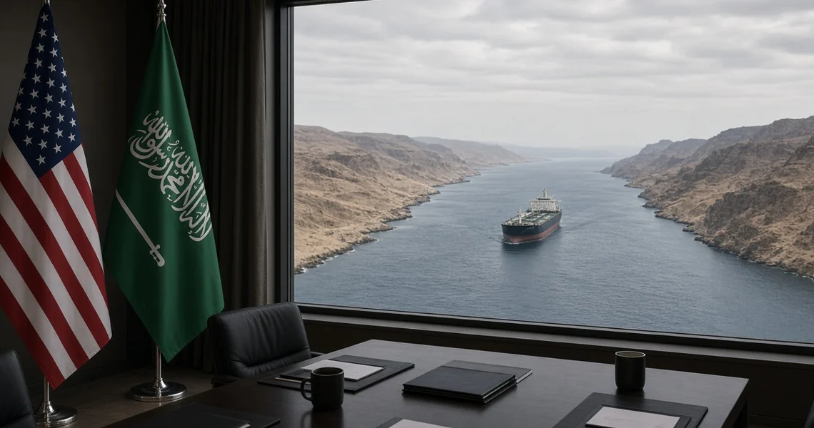 US and Saudi flags at a conference table, a tanker in a narrow desert strait through the window.