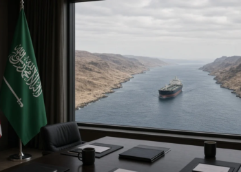 US and Saudi flags at a conference table, a tanker in a narrow desert strait through the window.