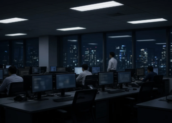 A dealing room waits at night with dark screens before an Asian Monday open.