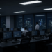 A dealing room waits at night with dark screens before an Asian Monday open.