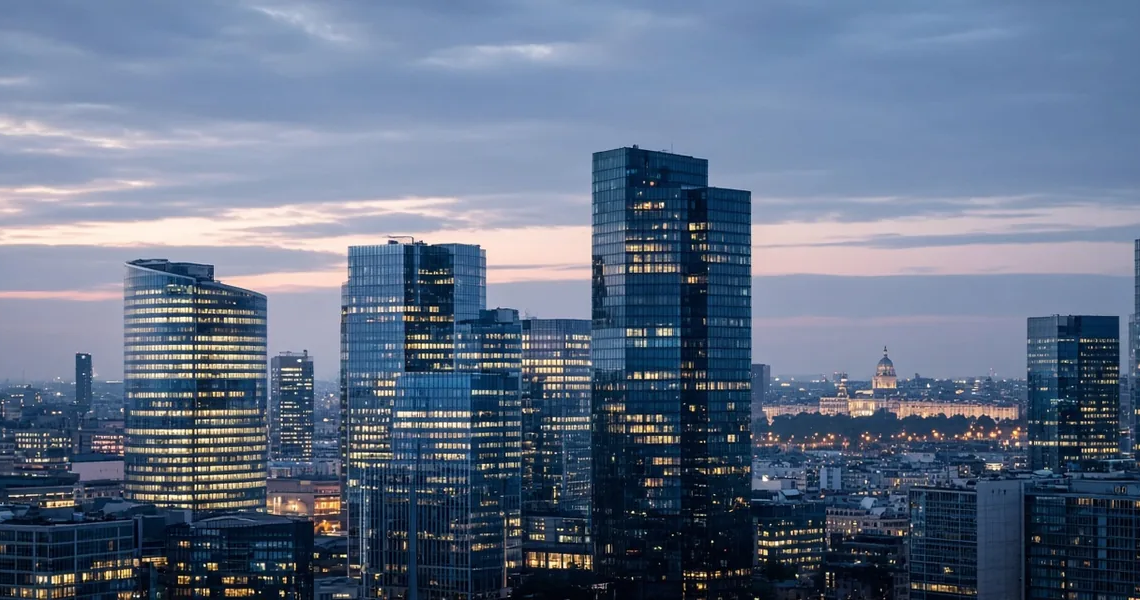 European glass office towers at blue hour, suggesting a large enterprise-software PE merger without deal-value text on image.