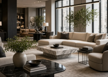 Upscale furniture showroom with marble tables and sofas, reflecting RH's second-quarter revenue beat.