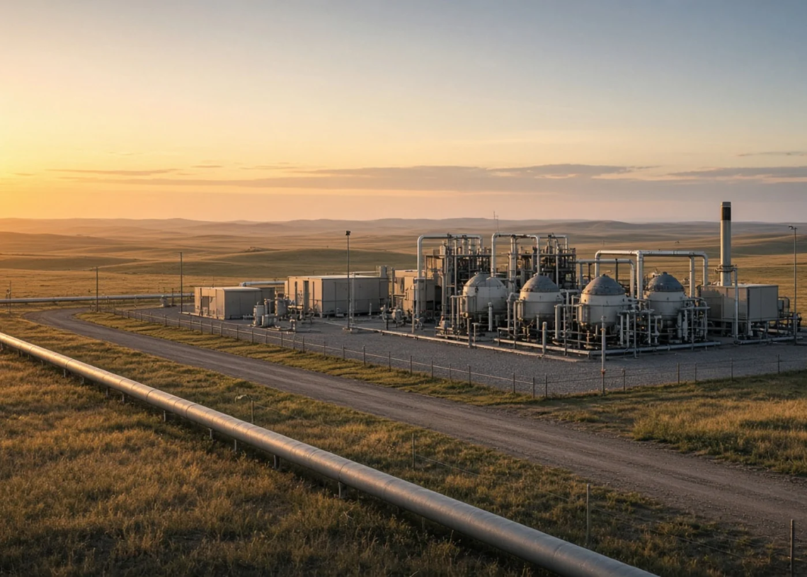 Midstream pipeline and compressor station across plains at sunset, marking ONEOK's closed $9 billion Apollo minority equity stake.