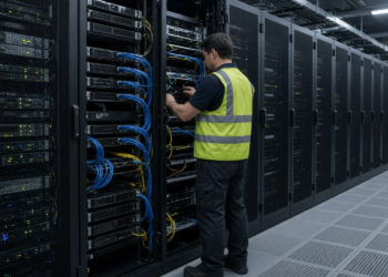 A technician inspects server racks in a data-center aisle, illustrating AI hardware demand.
