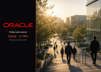 Oracle logo beside a late-day campus descent as Friday cash reversed; close down 1.74 percent.