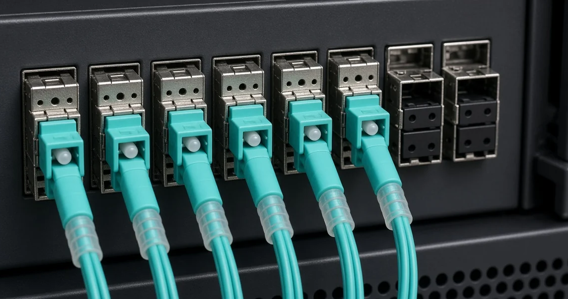 Aqua fiber jumpers seated in optical ports on a data-center networking switch.