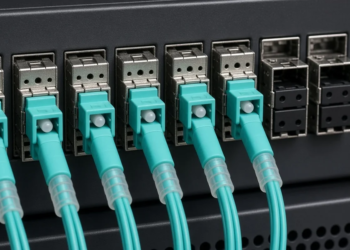 Aqua fiber jumpers seated in optical ports on a data-center networking switch.