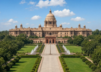 Rashtrapati Bhavan in New Delhi, where BRICS leaders adopted a maximum-restraint declaration.