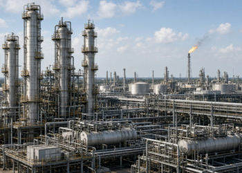A U.S. oil refinery with distillation towers, pipe racks, and a flare.