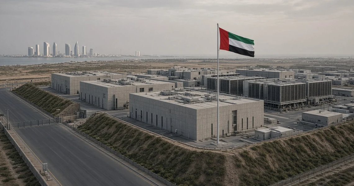 Dispersed concrete data halls behind a UAE flag, Abu Dhabi towers on the horizon.