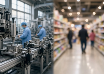 Split visual of precision factory line and soft supermarket aisle bokeh, illustrating China factory-gate PPI versus consumer prices without invented consensus graphics.