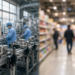 Split visual of precision factory line and soft supermarket aisle bokeh, illustrating China factory-gate PPI versus consumer prices without invented consensus graphics.