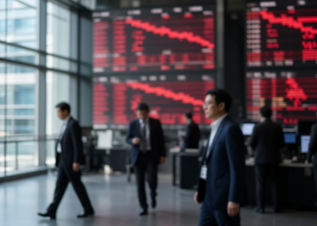 Asia equity trading floor with red descending abstract boards at morning open, risk-off mood ahead of ECB and U.S. PPI without readable invented index prints.
