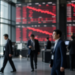 Asia equity trading floor with red descending abstract boards at morning open, risk-off mood ahead of ECB and U.S. PPI without readable invented index prints.