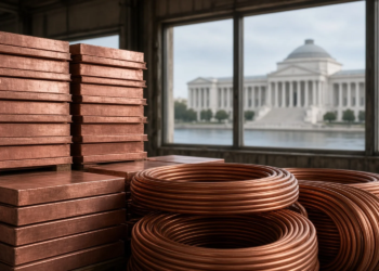 Stacked copper cathodes and coils in a warehouse with a distant neoclassical government building, conveying a stalled copper tariff plan without implying duties imposed.