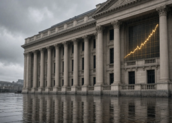 Classical London finance facade in the rain with an ascending yield curve glow, reflecting UK gilt yields at multi-year highs.