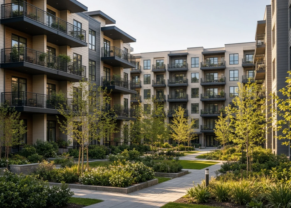 Modern multifamily apartment courtyard with balconies and landscaped paths, illustrating an all-stock REIT merger of middle-market rental portfolios.
