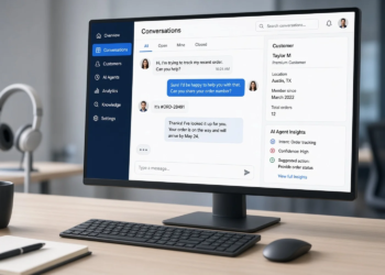Customer-service AI chat workspace on a desk monitor, reflecting Salesforce's completed acquisition of Fin for Agentforce.