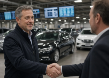 Handshake inside a vehicle auction hall with cars and bidding screens, illustrating Copart's cash deal to buy ACV Auctions.