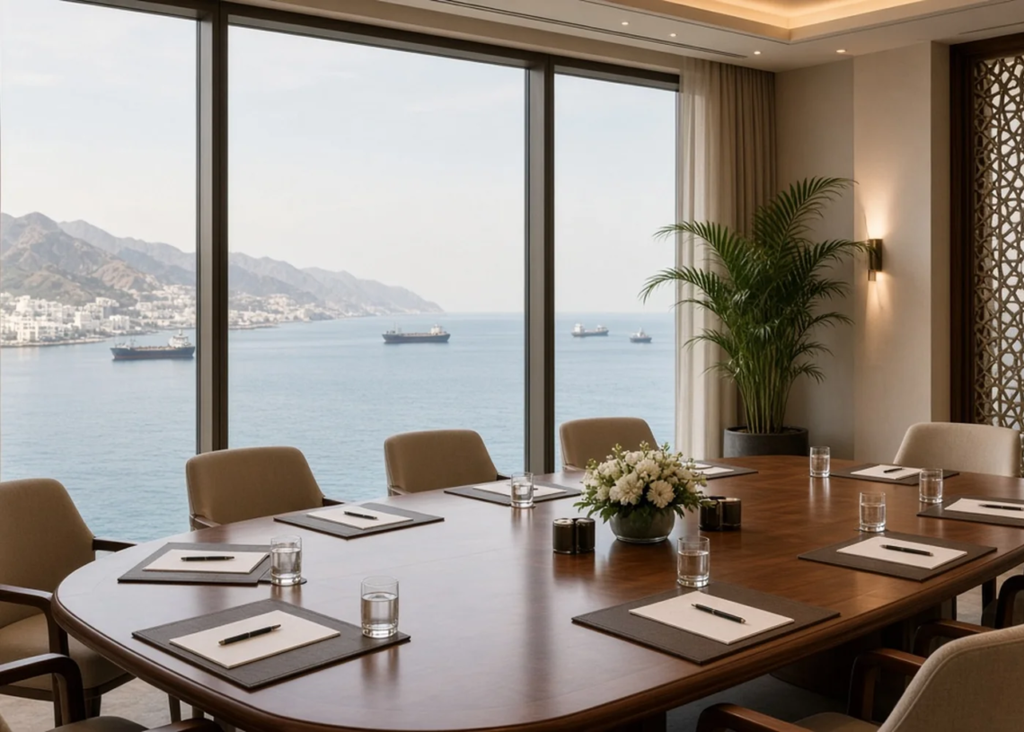 Empty Salalah-style coastal conference table overlooking tankers at sea, framing Oman's push for temporary Hormuz shipping talks without claiming a reopen.