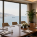 Empty Salalah-style coastal conference table overlooking tankers at sea, framing Oman's push for temporary Hormuz shipping talks without claiming a reopen.