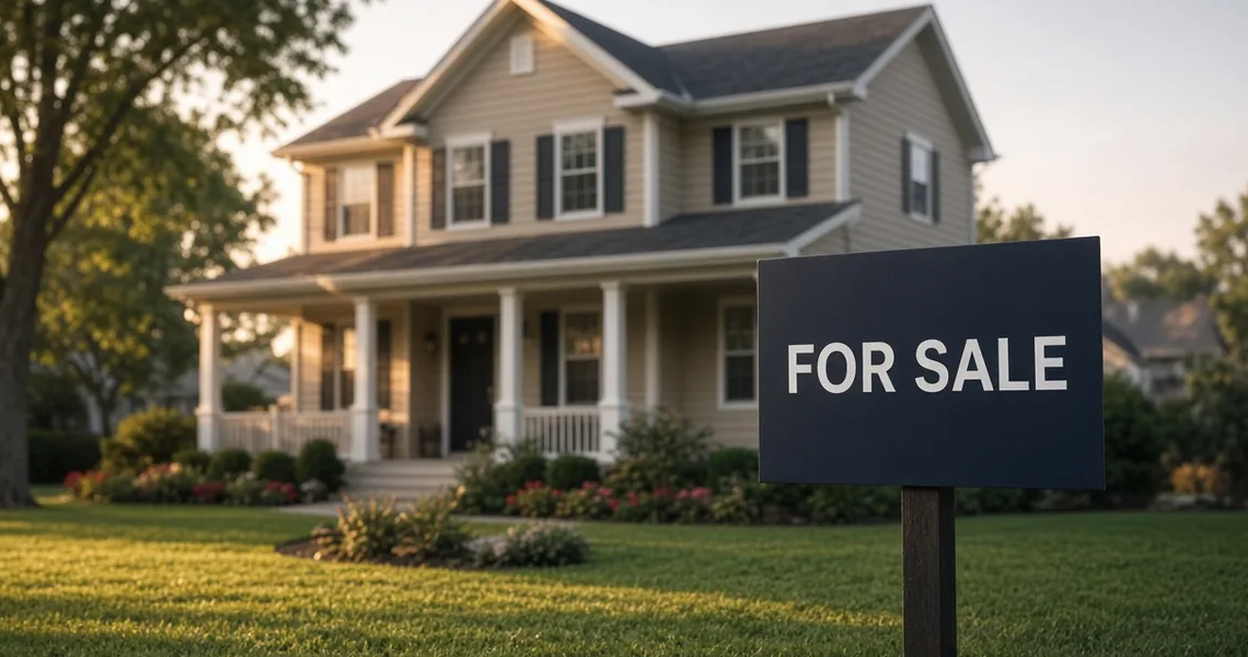 Suburban home behind a simple For Sale yard sign at warm morning light, illustrating mortgage-rate and ARM housing-market pressure.