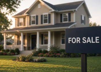 Suburban home behind a simple For Sale yard sign at warm morning light, illustrating mortgage-rate and ARM housing-market pressure.