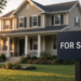Suburban home behind a simple For Sale yard sign at warm morning light, illustrating mortgage-rate and ARM housing-market pressure.