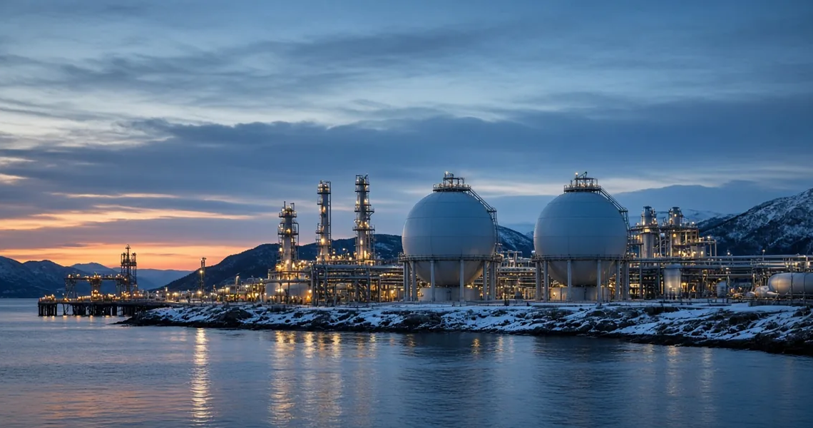 Northern European LNG or gas terminal on a snowy coastline at twilight, conveying Europe's gas-storage and supply-security pressure.