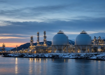 Northern European LNG or gas terminal on a snowy coastline at twilight, conveying Europe's gas-storage and supply-security pressure.