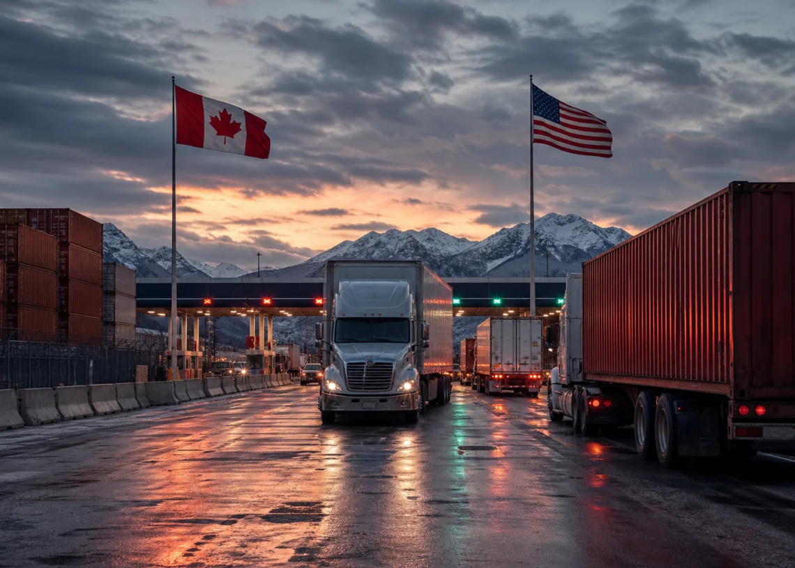 Freight trucks at a Canada–United States border crossing under mountain dusk light, symbolizing cross-border commerce and tariff tension.