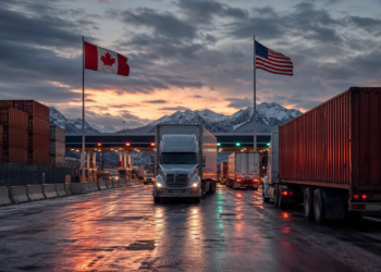 Freight trucks at a Canada–United States border crossing under mountain dusk light, symbolizing cross-border commerce and tariff tension.