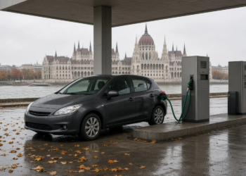 Compact hatchback parked PARALLEL to a pump island (side at the pump), green diesel nozzle in the side filler, Hungarian Parliament across the Danube.