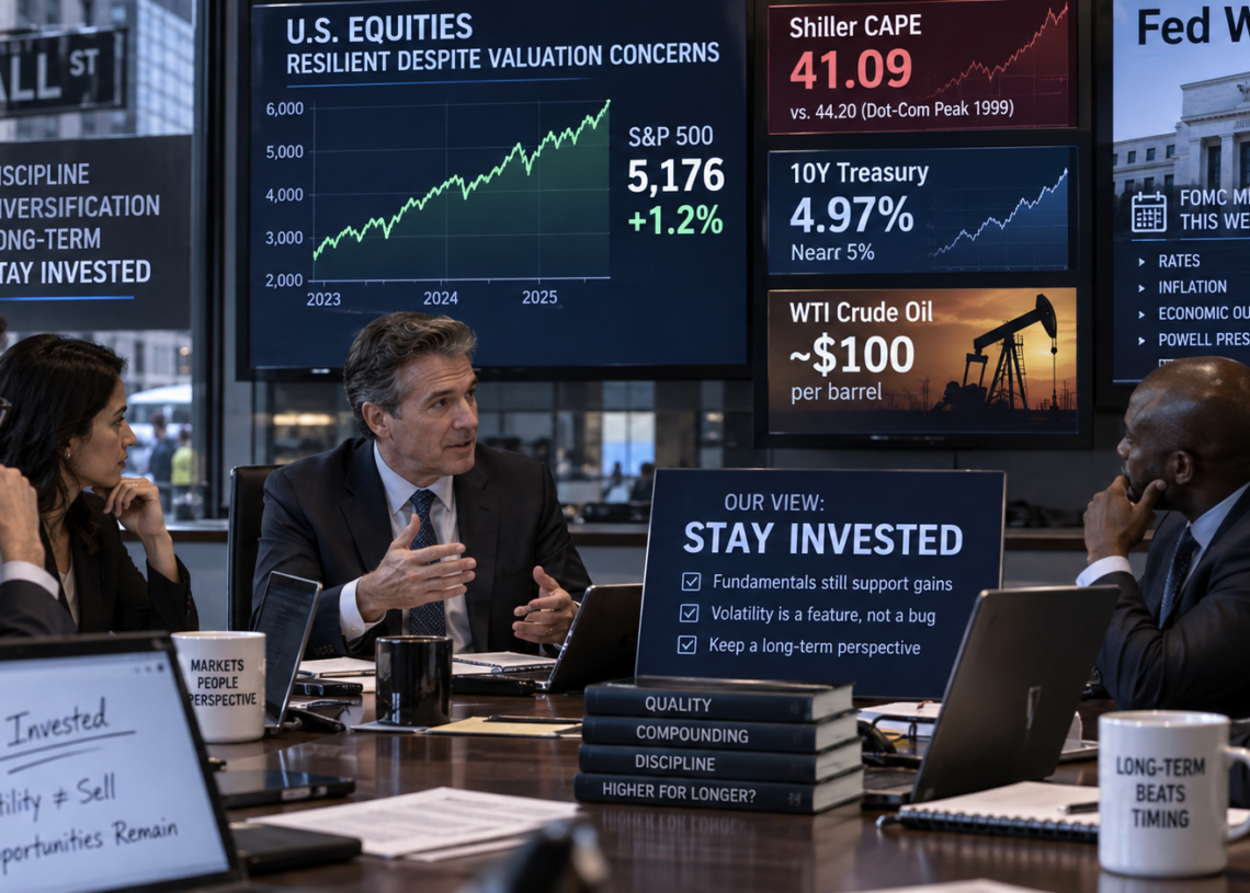 Wall Street stay-with-stocks framing despite elevated CAPE / late-1990s vibe