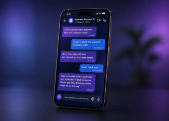 Smartphone showing a brand-neutral business AI chat assistant, suggesting Meta Business Agent messaging-commerce tooling; no purchase-price graphic.