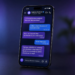 Smartphone showing a brand-neutral business AI chat assistant, suggesting Meta Business Agent messaging-commerce tooling; no purchase-price graphic.