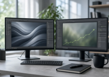 Creative workstation with dual monitors and a green recovery line, as Adobe claws back from a premarket drop in Friday cash.