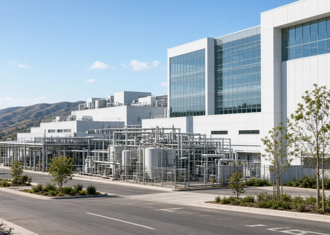 A semiconductor fabrication campus with a process-utility yard and white fab buildings, no vendor marks.